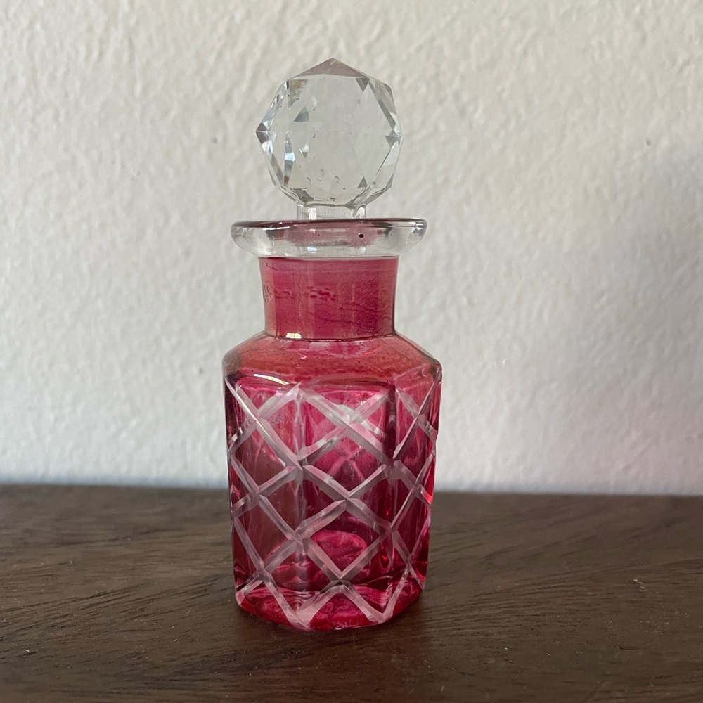 Pink Glass Perfume Bottle with Crystal Stopper
